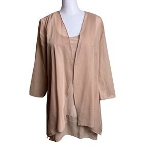 Slinky Brand Women's 2-Piece Set Tank Cami and Cardigan Beige Size XS Sheer